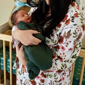 Quinn's Rust Floral Knit Maternity Robe + Ribbed Bamboo Baby Knot Gown & Hat
